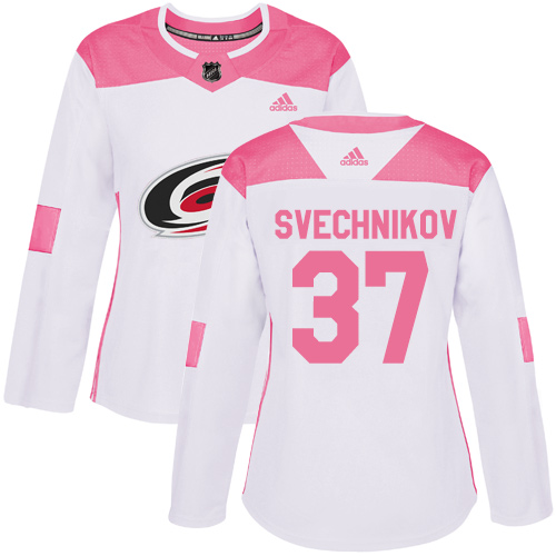 Adidas Hurricanes #37 Andrei Svechnikov White/Pink Authentic Fashion Women's Stitched NHL Jersey